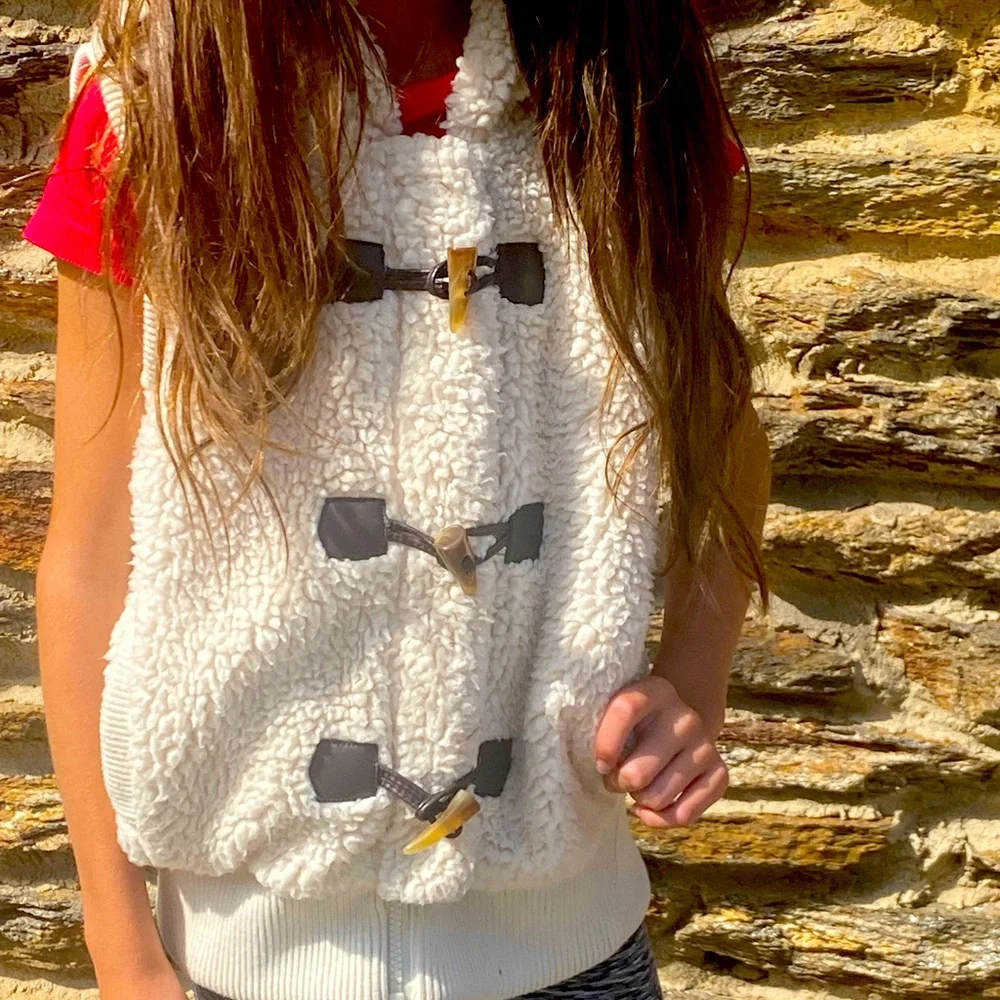 Coffee Shop kids faux‎ Shearling Cream hooded Vest sz L